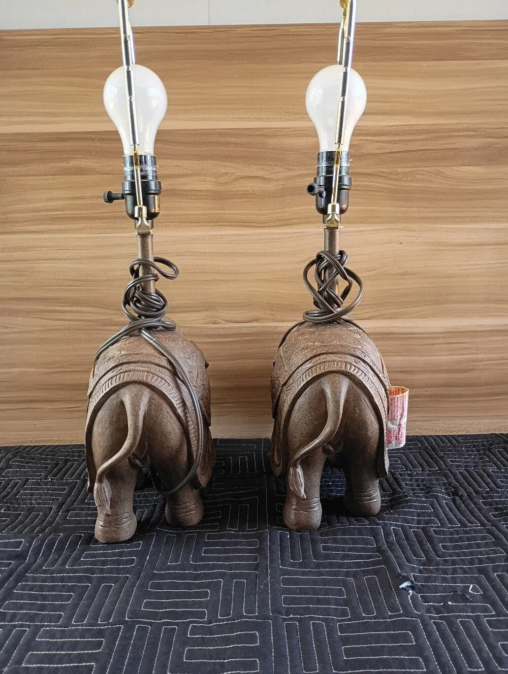 Hand-Carved Brown Elephant Table Lamps - Decorative Pair